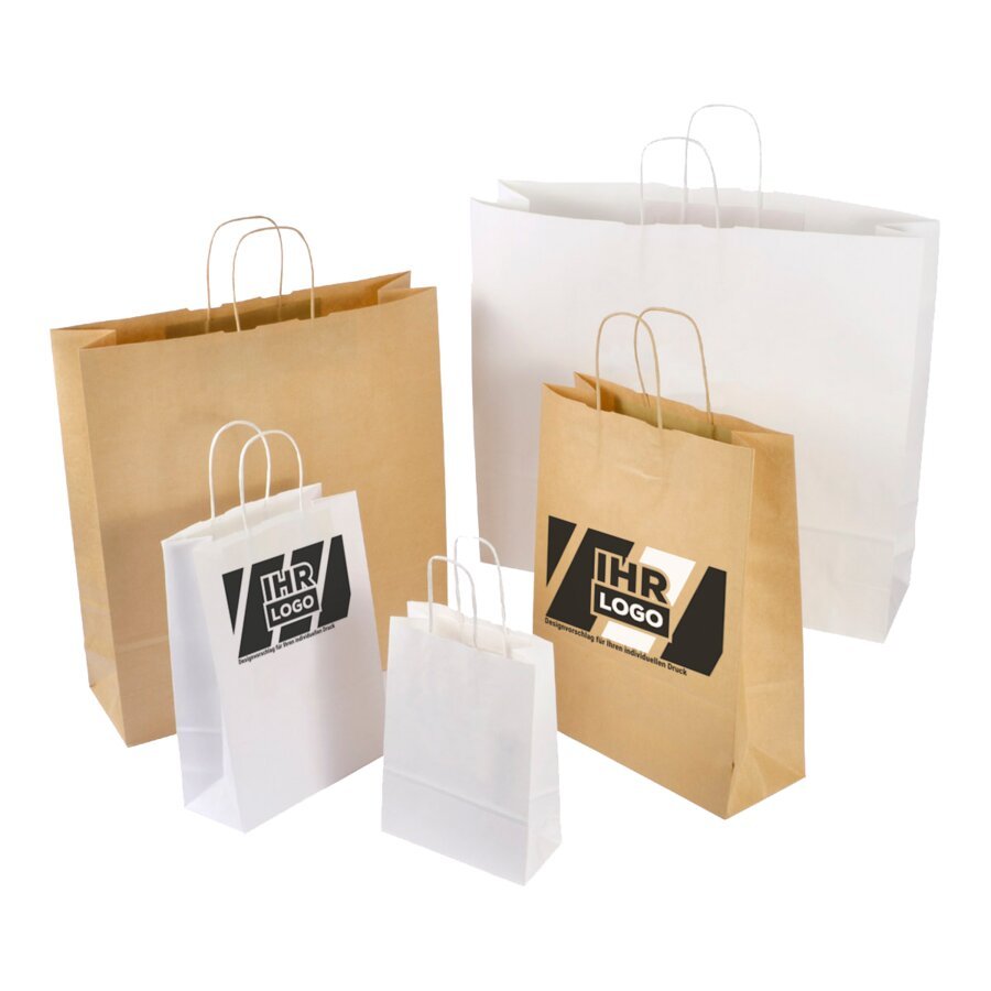 Hochwertige Kraftpapier-Tasche in unterschiedlichen Größen, in Weiß oder Braun mit individueller Bedruckung Hochwertige Kraftpapier-Tasche in unterschiedlichen Größen, in Weiß oder Braun mit individueller Bedruckung