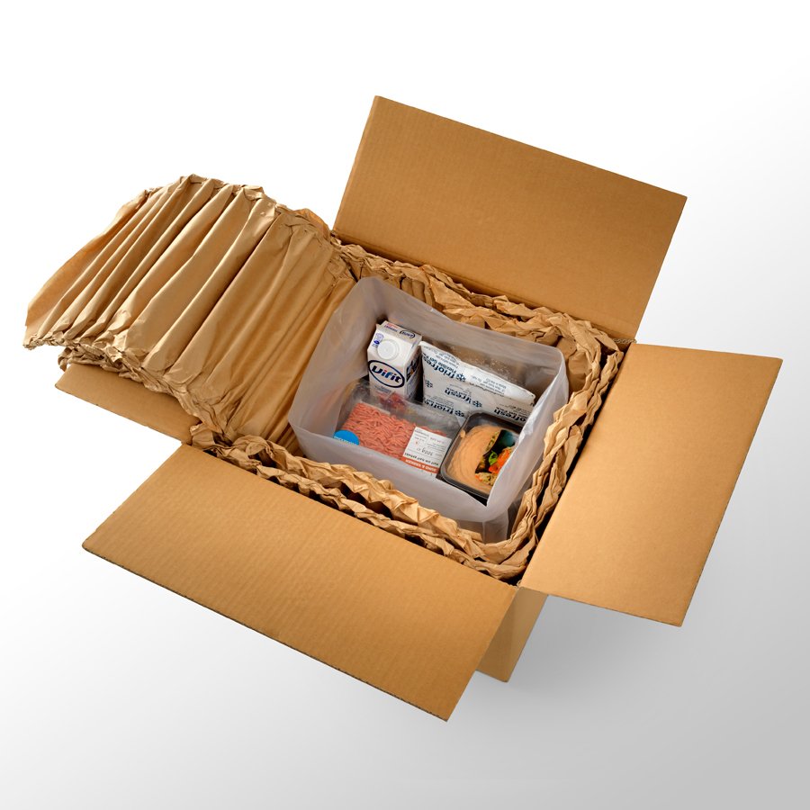 Wirkt isolierend, auch für gekühlte oder gefrorene Produkte geeignet Wirkt isolierend, auch für gekühlte oder gefrorene Produkte geeignet