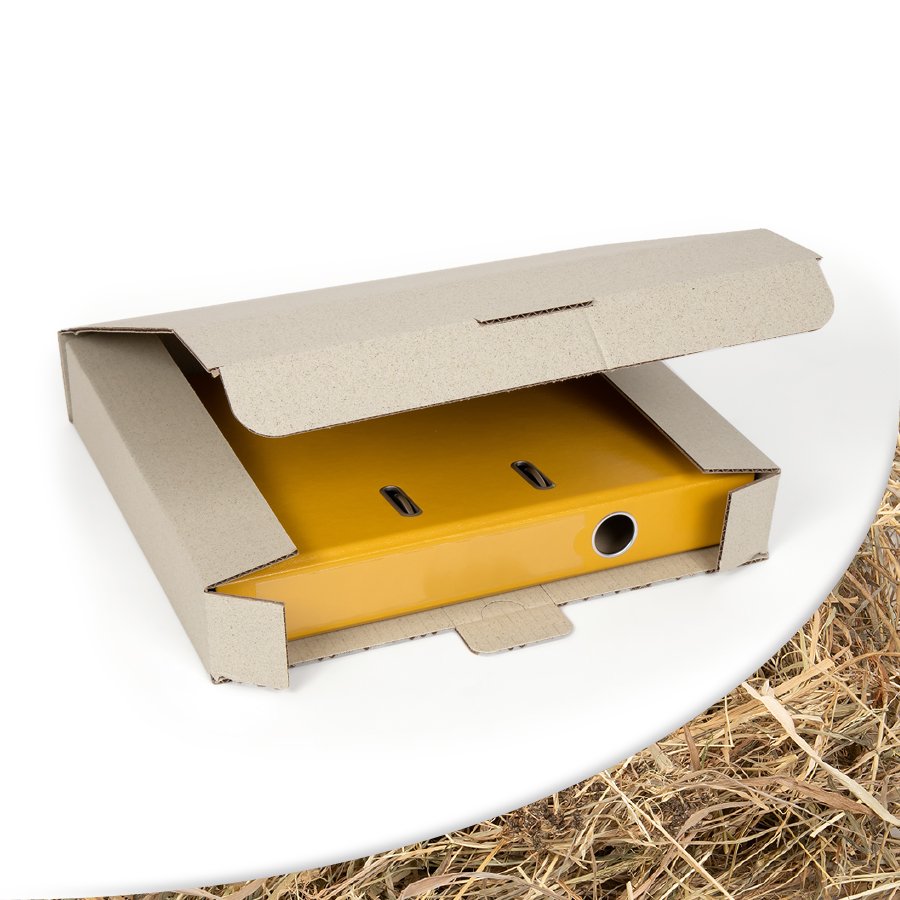 Ordnerverpackung mit Steckverschluss aus Graspapier Ordnerverpackung mit Steckverschluss aus Graspapier