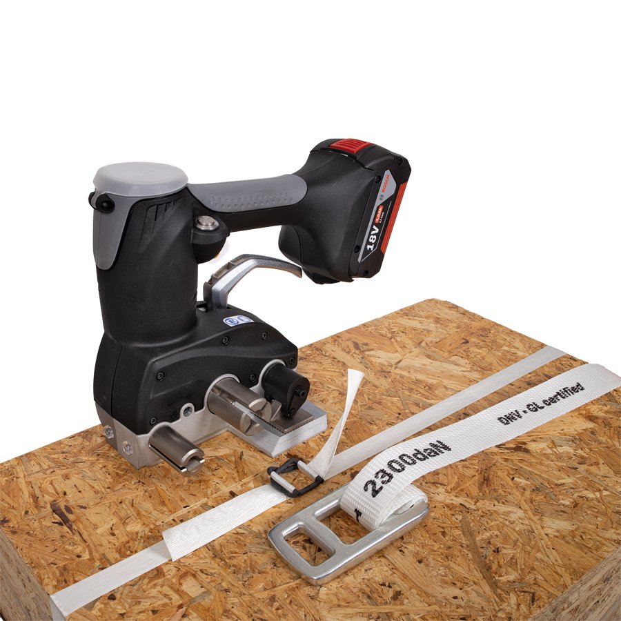 Mithilfe des Friktionsverschlusses verschließt das Akkugerät die Umreifungsbänder automatisch Mithilfe des Friktionsverschlusses verschließt das Akkugerät die Umreifungsbänder automatisch