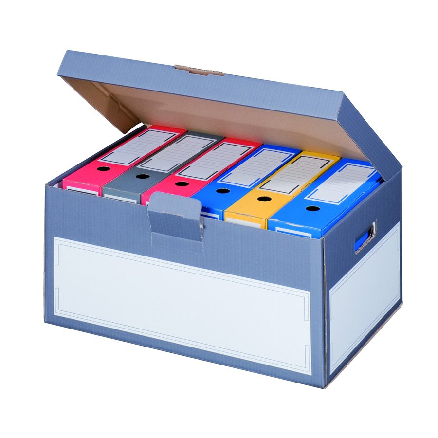 Archivbox mit Deckel, Tragegriffen und großer weißer Beschriftungsfläche zum Archivieren von Ordnern Archivbox mit Deckel, Tragegriffen und großer weißer Beschriftungsfläche zum Archivieren von Ordnern