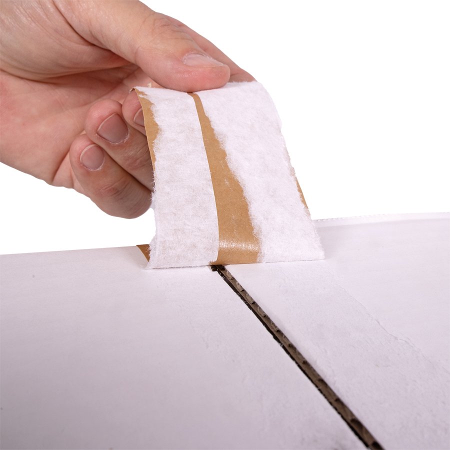 Vorteil von Nassklebeband: Nicht ohne Zerstörung vom Karton lösbar Vorteil von Nassklebeband: Nicht ohne Zerstörung vom Karton lösbar