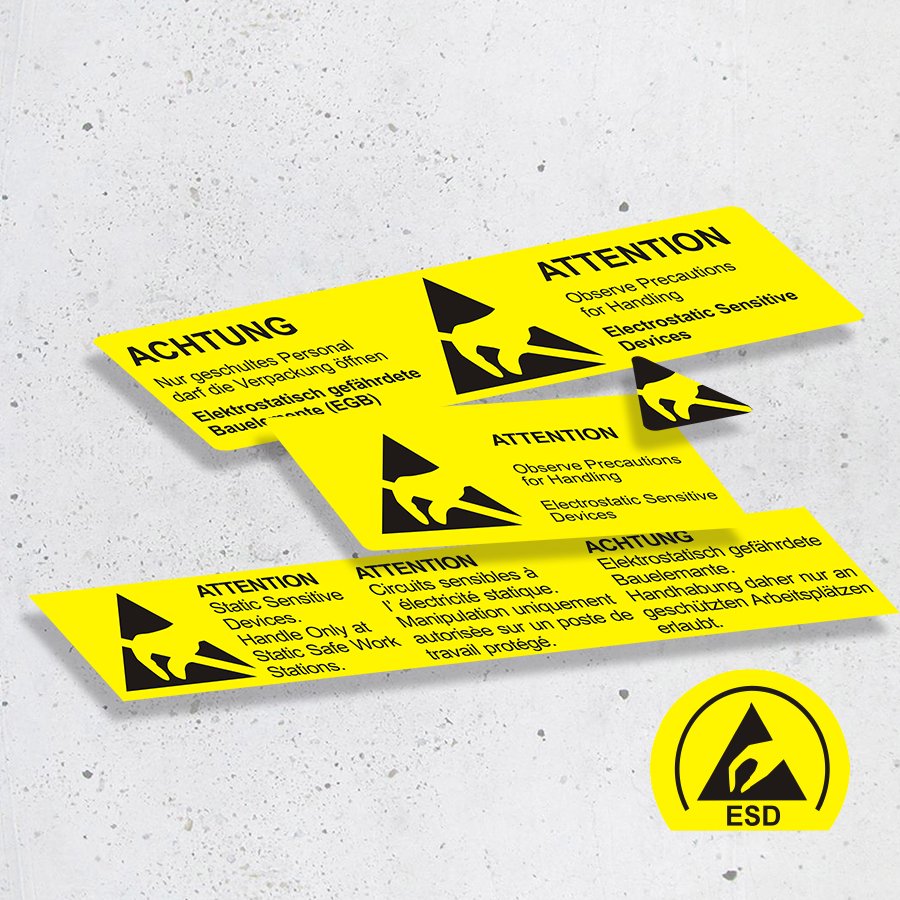 Papieretiketten selbstklebend Sammelaufnahme 3 Etiketten gelb mit schwarzem Aufdruck