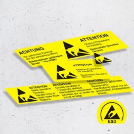 Papieretiketten selbstklebend Sammelaufnahme 3 Etiketten gelb mit schwarzem Aufdruck