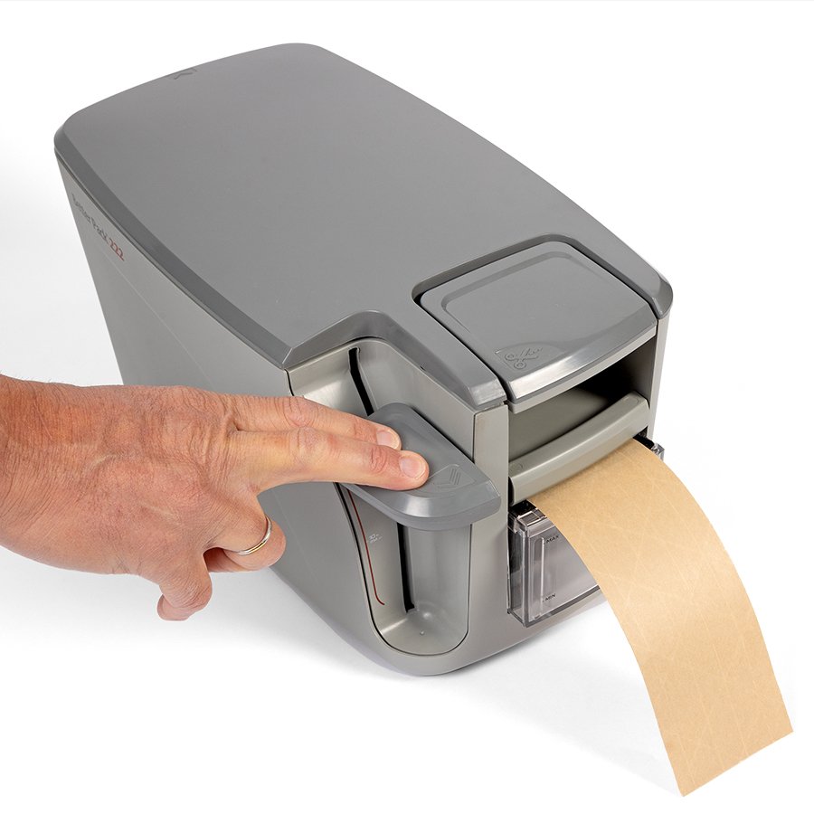 Ausgabe des Nassklebebandes auf Knopfdruck Ausgabe des Nassklebebandes auf Knopfdruck