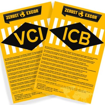 Gelbes Etikett mit schwarzer Aufschrift Kennzeichnung VCI / ICB