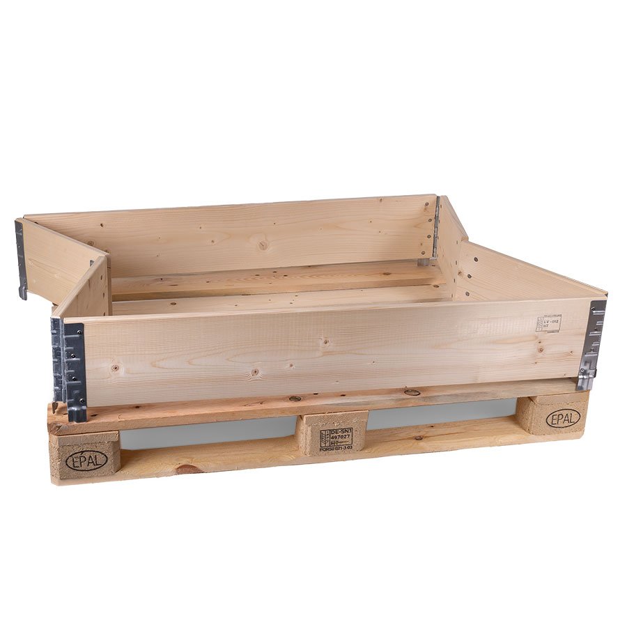 Flexibler Palettenaufsatzrahmen mit sechs Scharnieren Flexibler Palettenaufsatzrahmen mit sechs Scharnieren