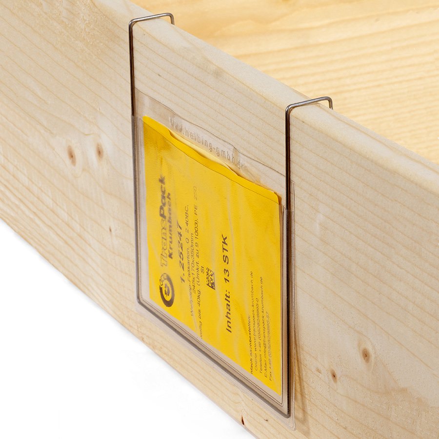 Mit kurzem Drahtbügel einfach am Palettenaufsatzrahmen zu befestigen Mit kurzem Drahtbügel einfach am Palettenaufsatzrahmen zu befestigen