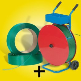 boni PET-Umreifungsband + Abrollwagen Spar-Set Sammelaufnahme: 2x Umreifungsband grün + Abroller blau / rot mit grünem Umreifungsband