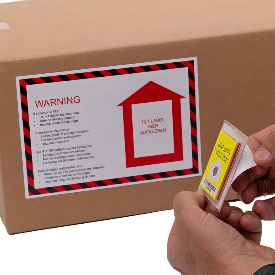 Selbstklebestreifen lösen und aufkleben. Aufkleben von Hinweisetikett und Indikator