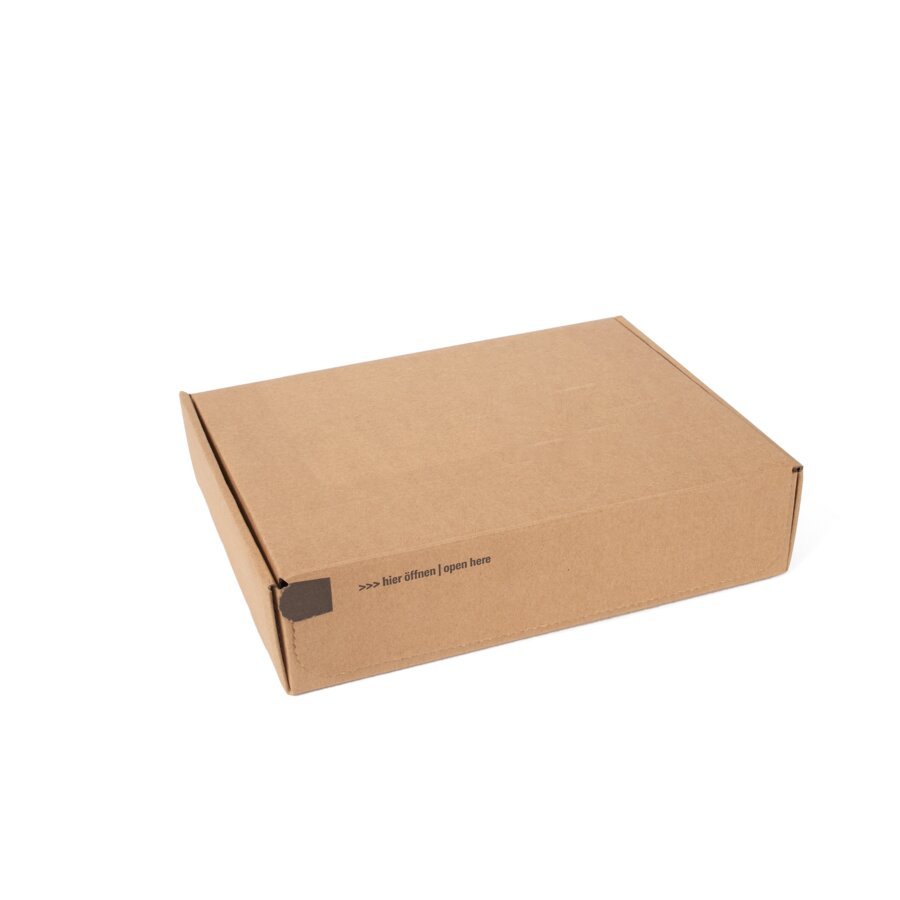Klappschachtel aus Wellpappe mit Selbstklebeverschluss und Aufreifaden, ideal fr den Versand.