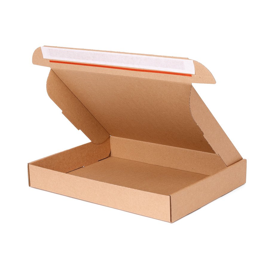 Alle Ausführungen mit SK-Streifen und Aufreißfaden Eine Klappschachtel im geöffneten Zustand mit sichtbaren Selbstklebestreifen