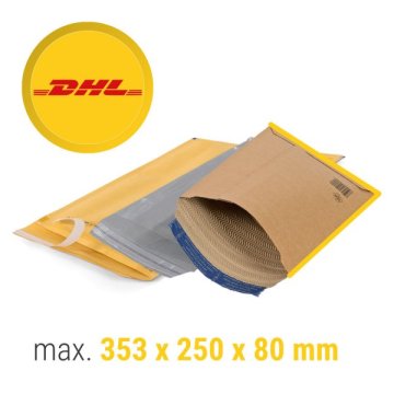 Sammelaufnahme Versandtasche mit DHL Logo und Maße max.