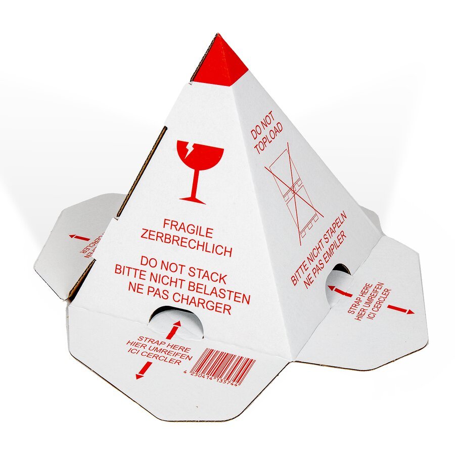 Pyramidenform mit Ausstanzungen zum Sichern durch Umreifungsband oder Befestigung durch Selbstklebestreifen