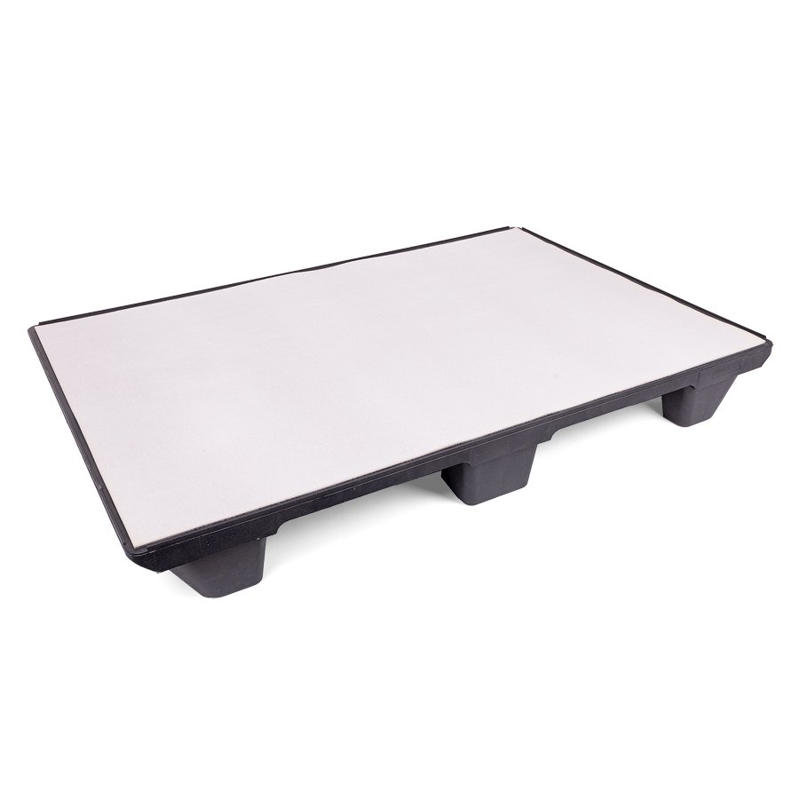 Antirutschauflage auf Kunststoffpalette Schwarze Kunststoffpalette mit weißer Antirutschauflage