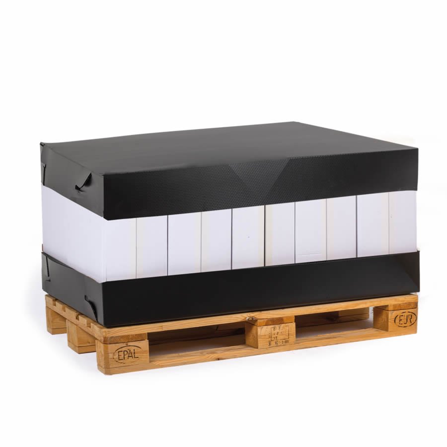 Palettenboden und Palettendeckel sind aus stabilem, 1-welligem Kunststoff Palettenboden und Palettendeckel sind aus stabilem, 1-welligem Kunststoff