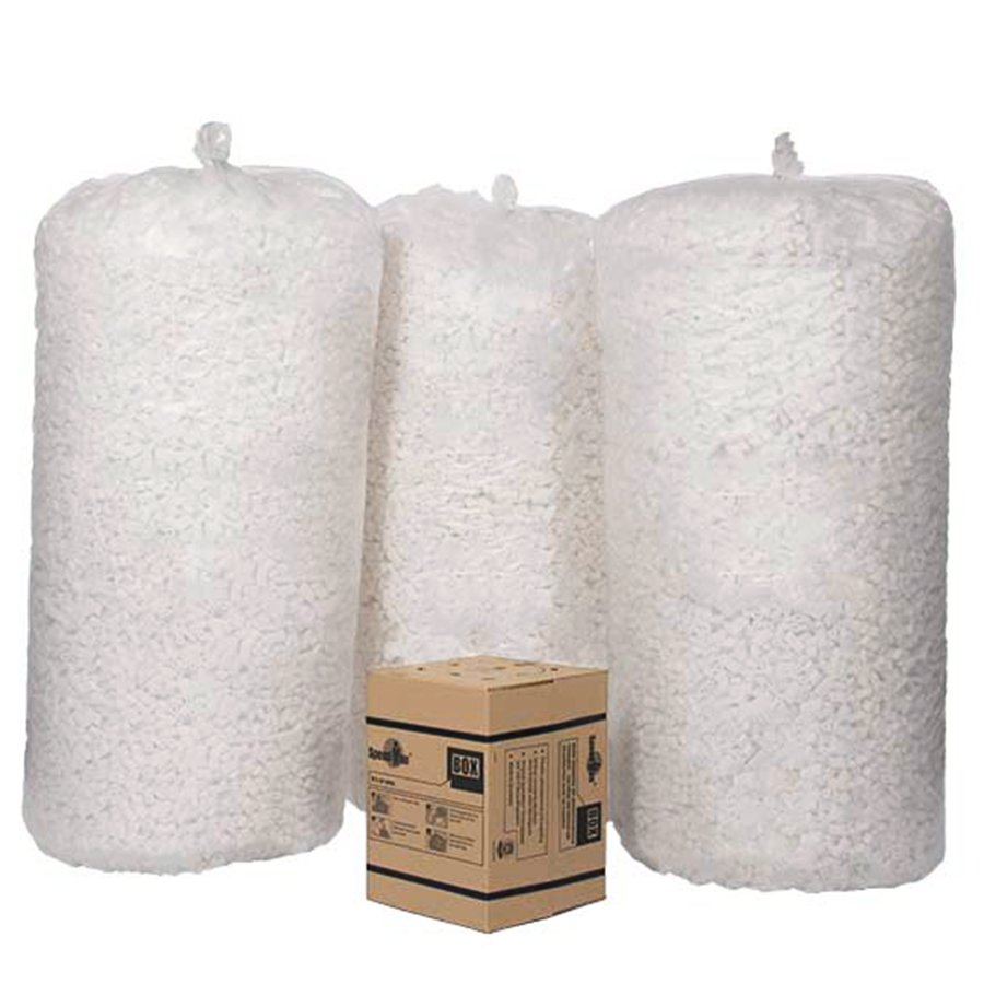 Platzsparend: Entspricht dem Füllvolumen von 3 Säcken Verpackungschips Platzsparend: Entspricht dem Füllvolumen von 3 Säcken Verpackungschips