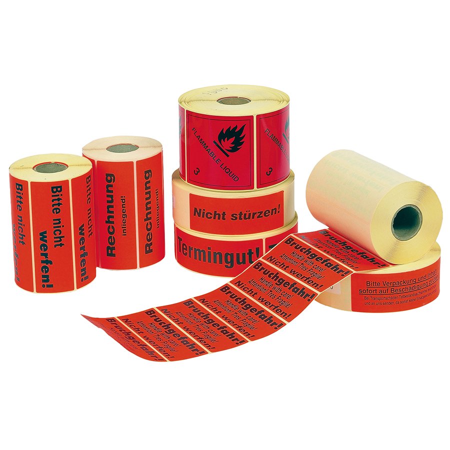 Immer die passende Kennzeichnung  Sammelbild von verschiedenen Warnetikett-Rollen