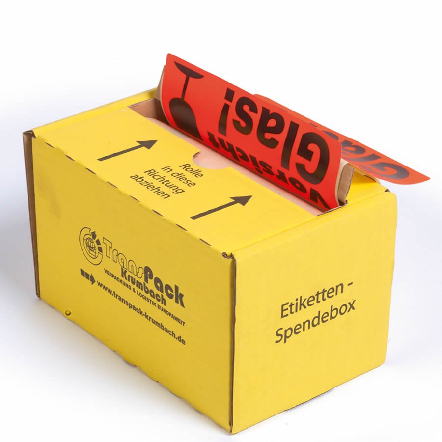 Einfache Anwendung dank Spendekarton Warnetikett im Spendekarton