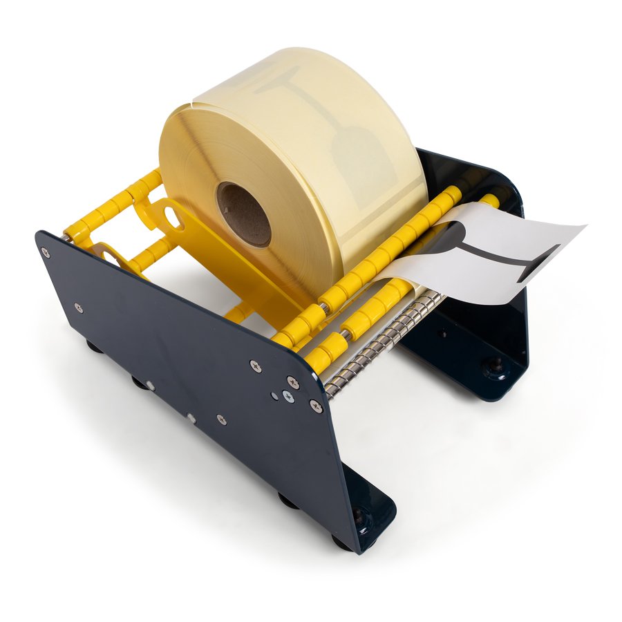 Für innen- und außengewickelte Rollen geeignet Etikettenspender mit eingesetzter Rolle und Trennwand