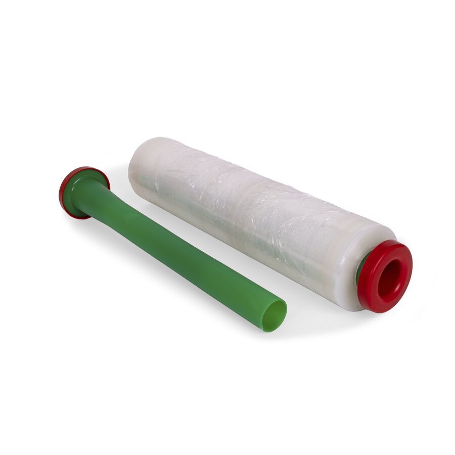 Der Abroller f�r kernlose Stretchfolie wird an beiden Enden eingesteckt