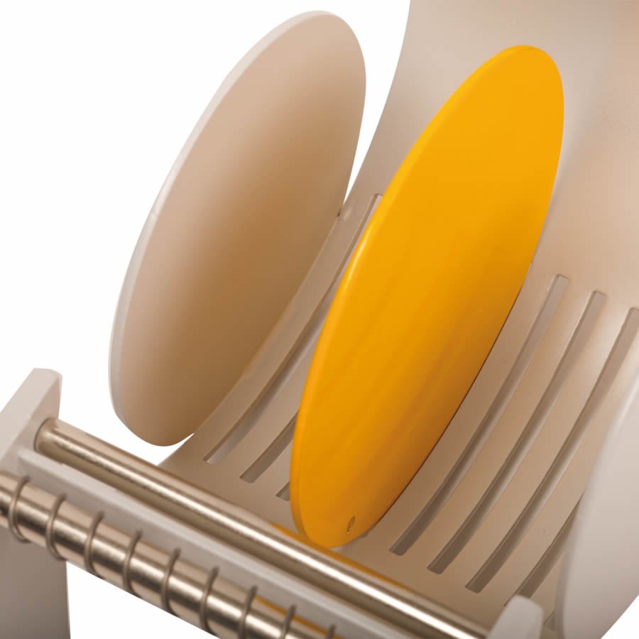 Praktische Abtrennung für mehrere Rollen gleichzeitig Nahaufnahme  Rollenteiler rund / gelb im Etikettenspender