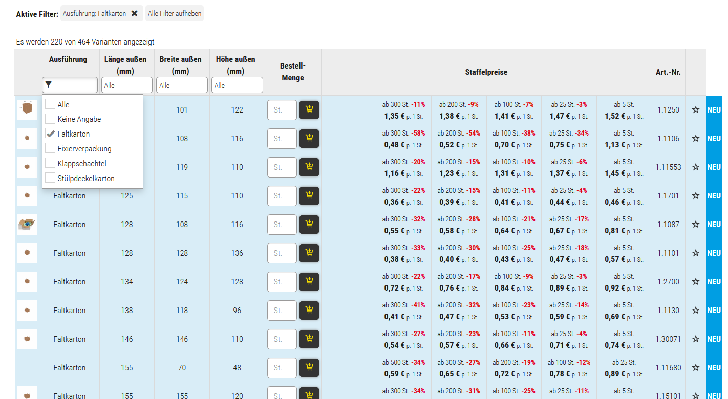 Varianten für den Maxibrief Plus mit Filterung "Faltkarton"